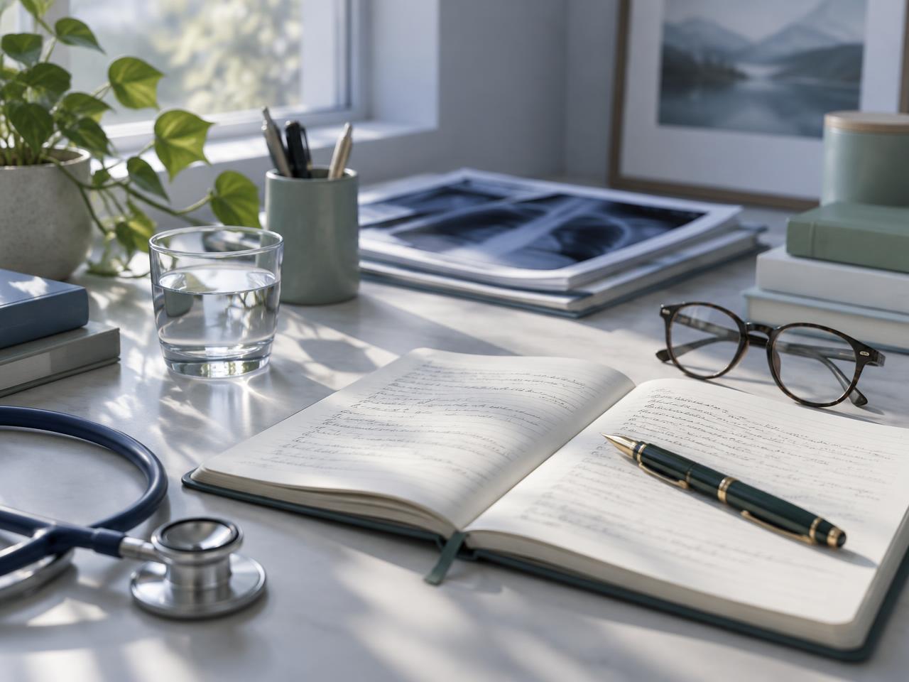 Mesa com documentos médicos e caderno de anotações